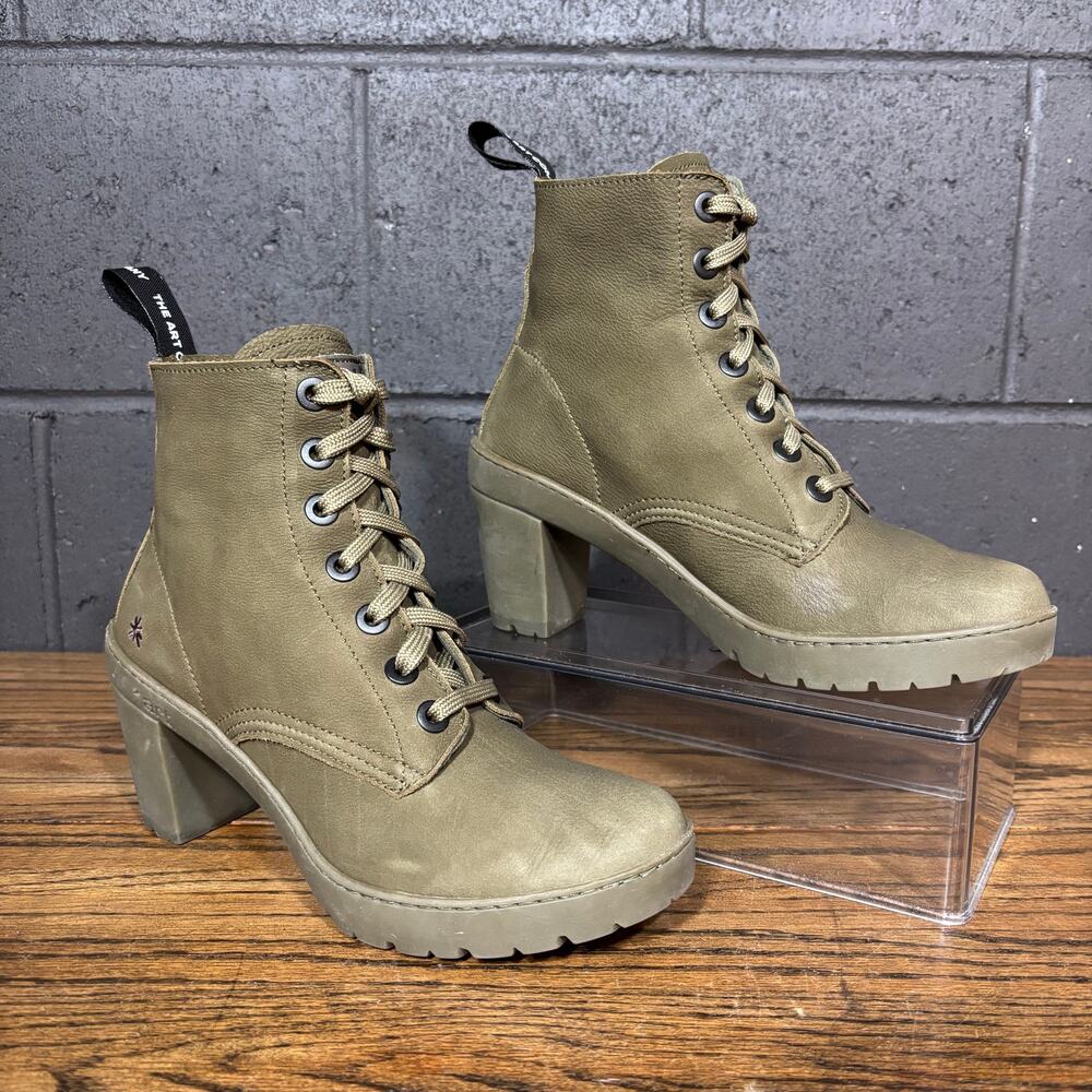 The Art Company Green Leather Platform Heeled Ankle Boots Lace Up Size 39/8.5